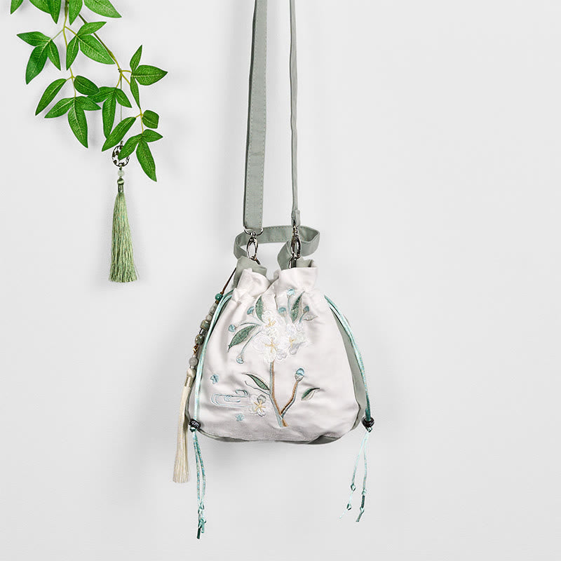 Nimara Ritual Embroidered Green Pear Blossom Canvas Tote Crossbody Bag Shoulder Bag Handbag