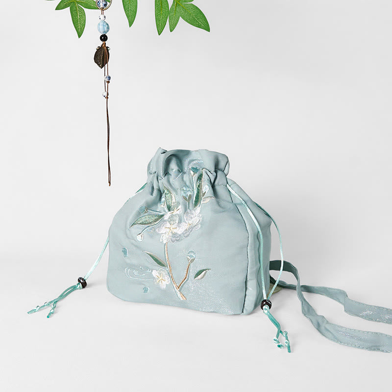 Nimara Ritual Embroidered Green Flower Blossom Leaves Canvas Tote Crossbody Bag Shoulder Bag Handbag