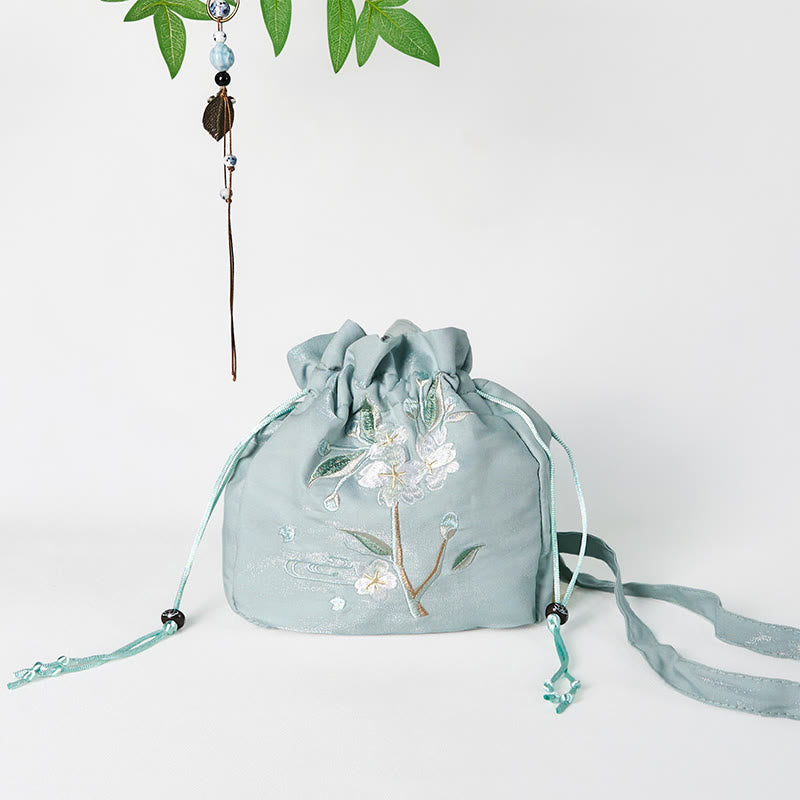 Nimara Ritual Embroidered Green Flower Blossom Leaves Canvas Tote Crossbody Bag Shoulder Bag Handbag