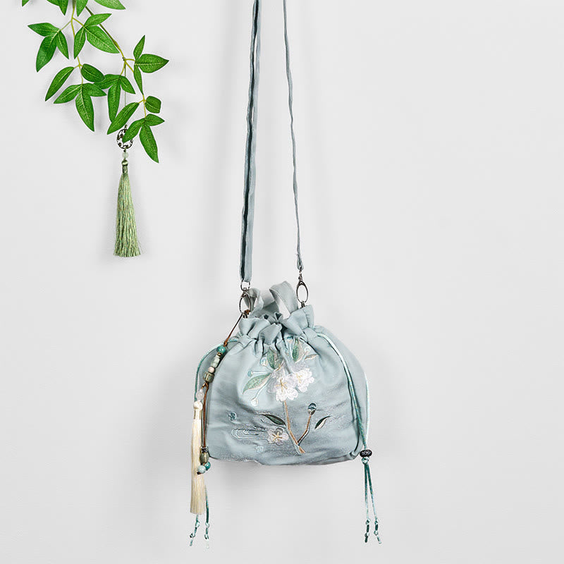 Nimara Ritual Embroidered Green Flower Blossom Leaves Canvas Tote Crossbody Bag Shoulder Bag Handbag