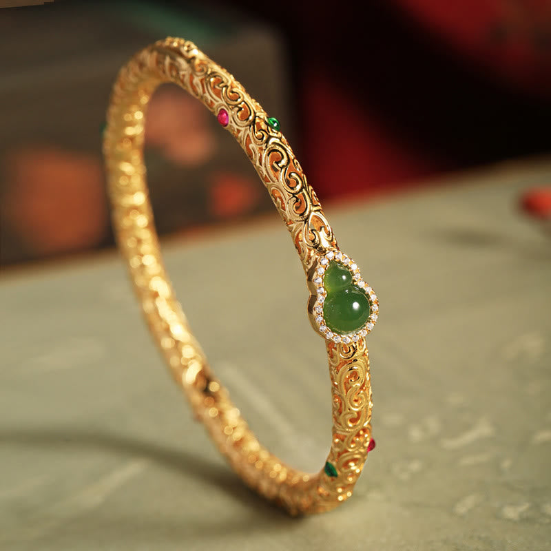 Nimara Ritual Cyan Jade Copper Plated Gold Auspicious Clouds Gourd Luck Bracelet Bangle