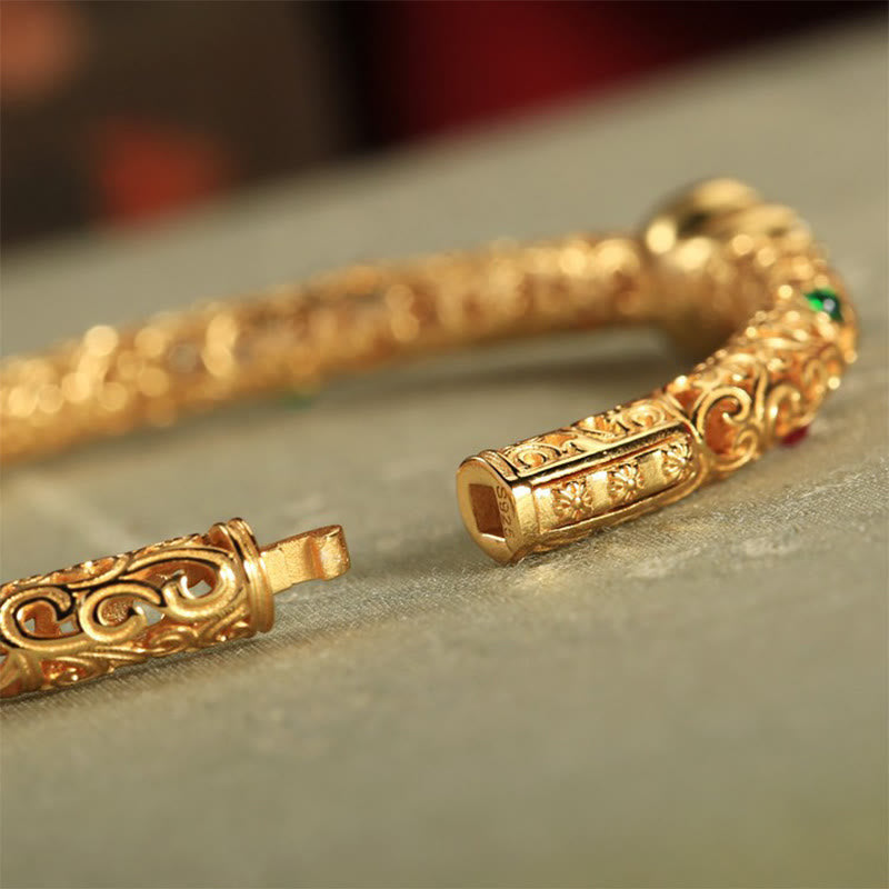 Nimara Ritual Cyan Jade Copper Plated Gold Auspicious Clouds Gourd Luck Bracelet Bangle