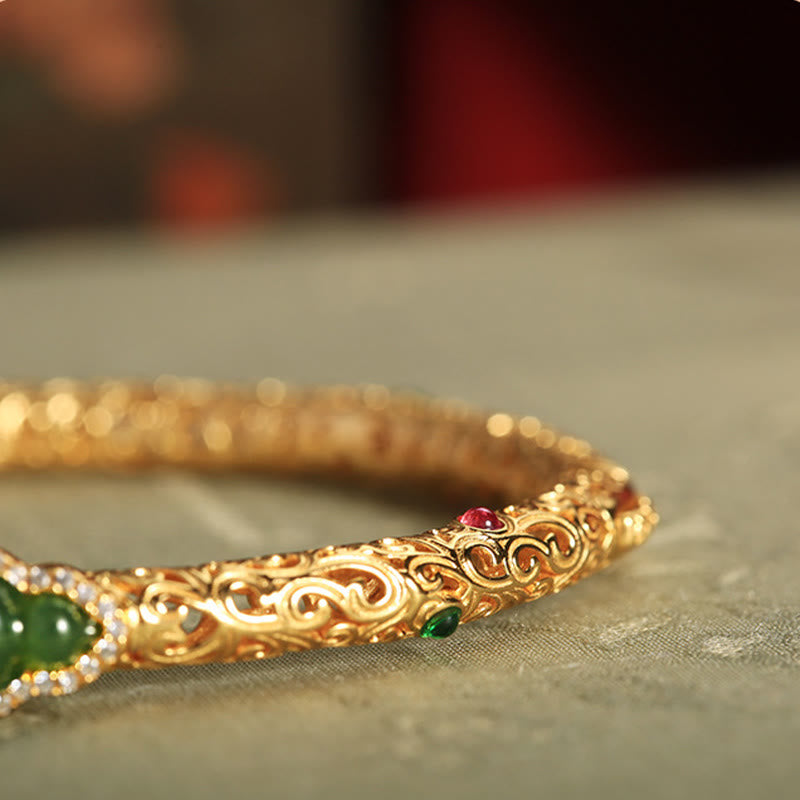 Nimara Ritual Cyan Jade Copper Plated Gold Auspicious Clouds Gourd Luck Bracelet Bangle