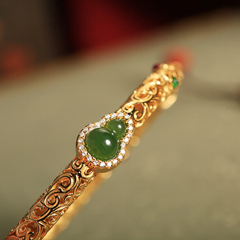Nimara Ritual Cyan Jade Copper Plated Gold Auspicious Clouds Gourd Luck Bracelet Bangle