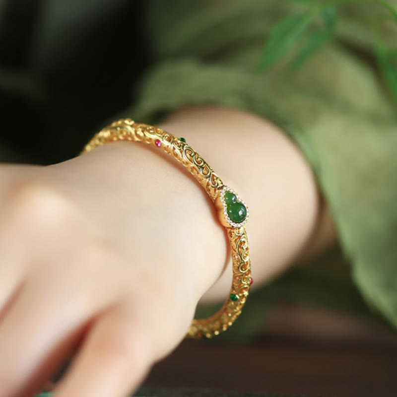 Nimara Ritual Cyan Jade Copper Plated Gold Auspicious Clouds Gourd Luck Bracelet Bangle