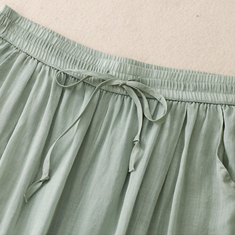Nimara Ritual Causal Vintage Plain Drawstring Lace Patchwork Design Women's Wide Leg Cotton Elastic Waistband Pants With Pockets