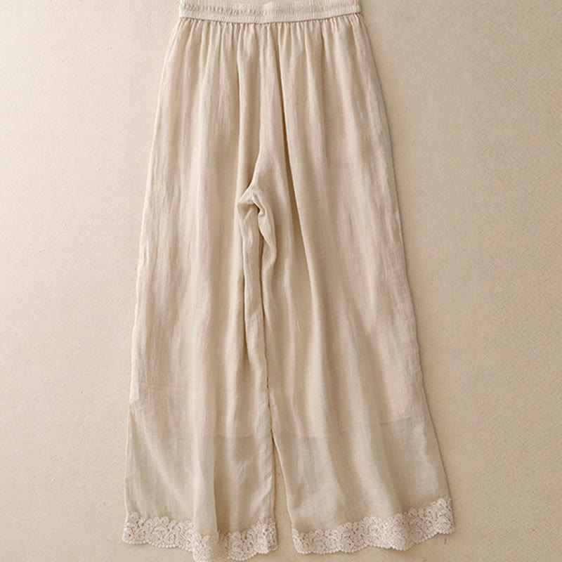 Nimara Ritual Causal Vintage Plain Drawstring Lace Patchwork Design Women's Wide Leg Cotton Elastic Waistband Pants With Pockets