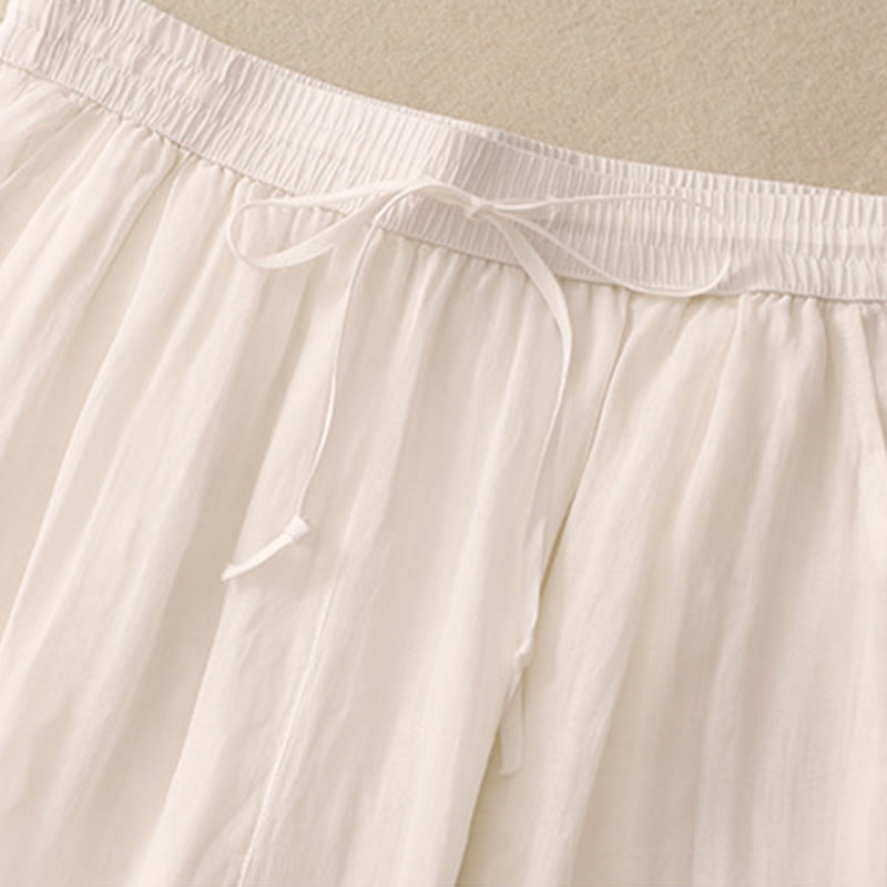 Nimara Ritual Causal Vintage Plain Drawstring Lace Patchwork Design Women's Wide Leg Cotton Elastic Waistband Pants With Pockets