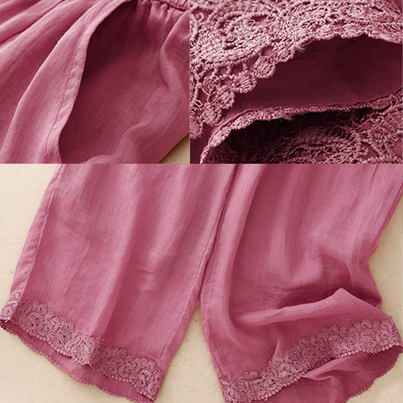 Nimara Ritual Causal Vintage Plain Drawstring Lace Patchwork Design Women's Wide Leg Cotton Elastic Waistband Pants With Pockets