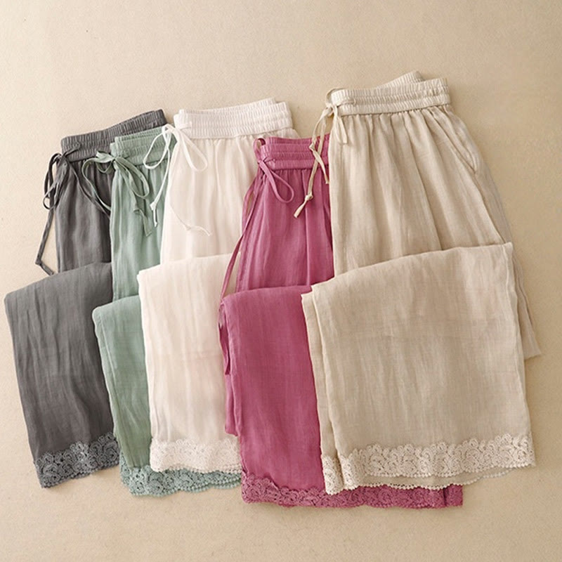 Nimara Ritual Causal Vintage Plain Drawstring Lace Patchwork Design Women's Wide Leg Cotton Elastic Waistband Pants With Pockets
