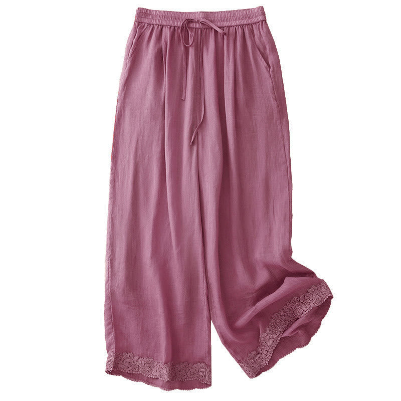 Nimara Ritual Causal Vintage Plain Drawstring Lace Patchwork Design Women's Wide Leg Cotton Elastic Waistband Pants With Pockets