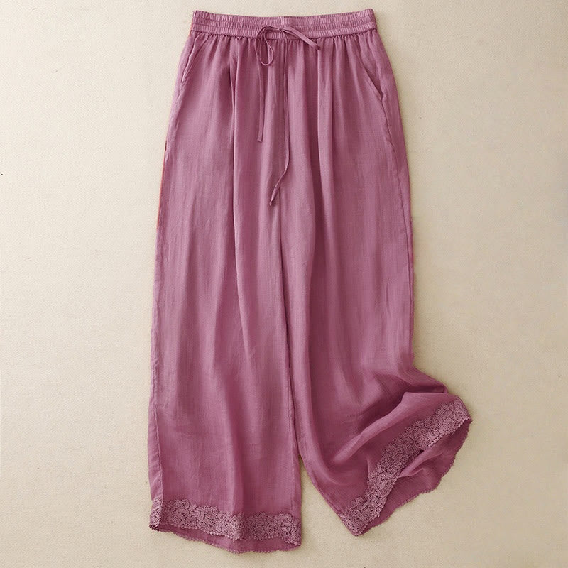 Nimara Ritual Causal Vintage Plain Drawstring Lace Patchwork Design Women's Wide Leg Cotton Elastic Waistband Pants With Pockets