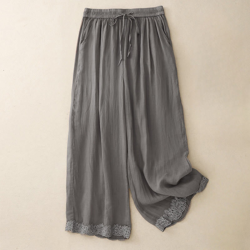 Nimara Ritual Causal Vintage Plain Drawstring Lace Patchwork Design Women's Wide Leg Cotton Elastic Waistband Pants With Pockets