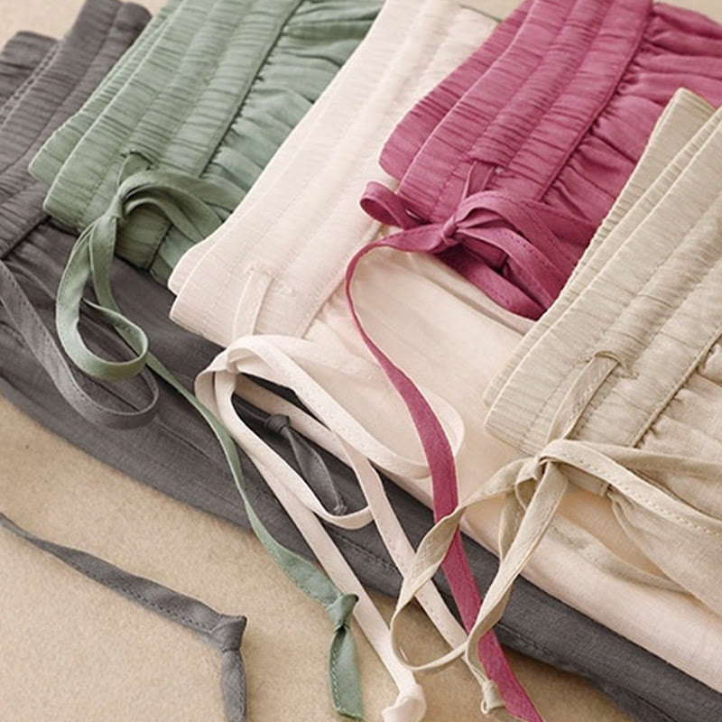 Nimara Ritual Causal Vintage Plain Drawstring Lace Patchwork Design Women's Wide Leg Cotton Elastic Waistband Pants With Pockets