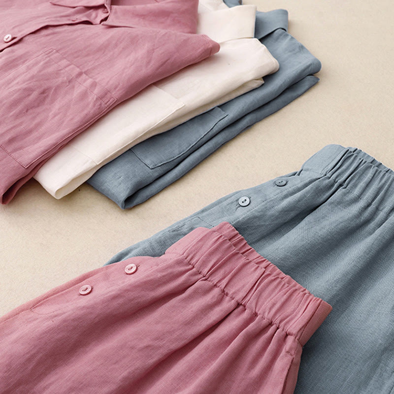 Nimara Ritual Summer 2pcs Plain Long Sleeve Shirt Top Shorts Meditation Clothing Women's Set With Pockets