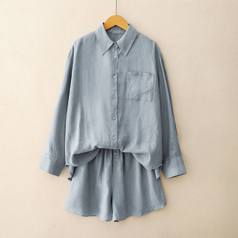 Nimara Ritual Summer 2pcs Plain Long Sleeve Shirt Top Shorts Meditation Clothing Women's Set With Pockets