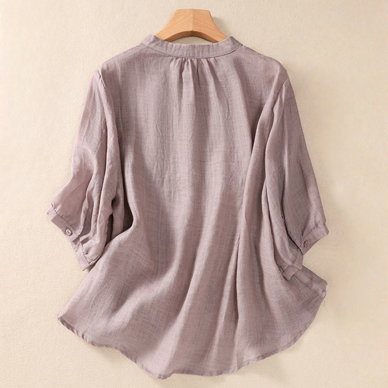 Nimara Ritual Casual Daily Plain Button Ruffled Design Stand Collar Women's Cotton Linen Three Quarter Sleeve Shirt