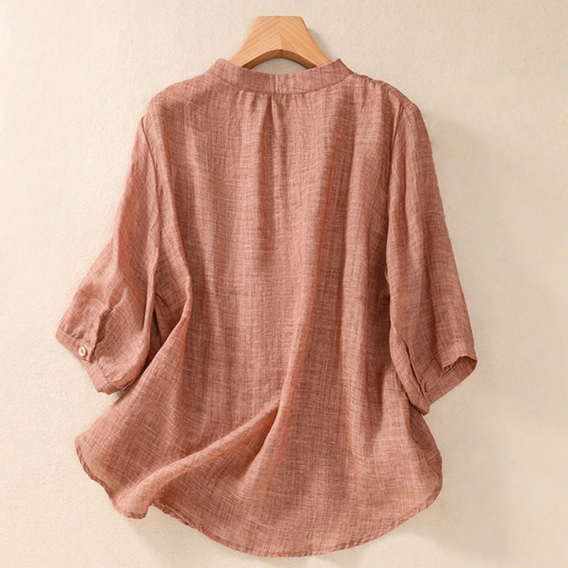 Nimara Ritual Casual Daily Plain Button Ruffled Design Stand Collar Women's Cotton Linen Three Quarter Sleeve Shirt