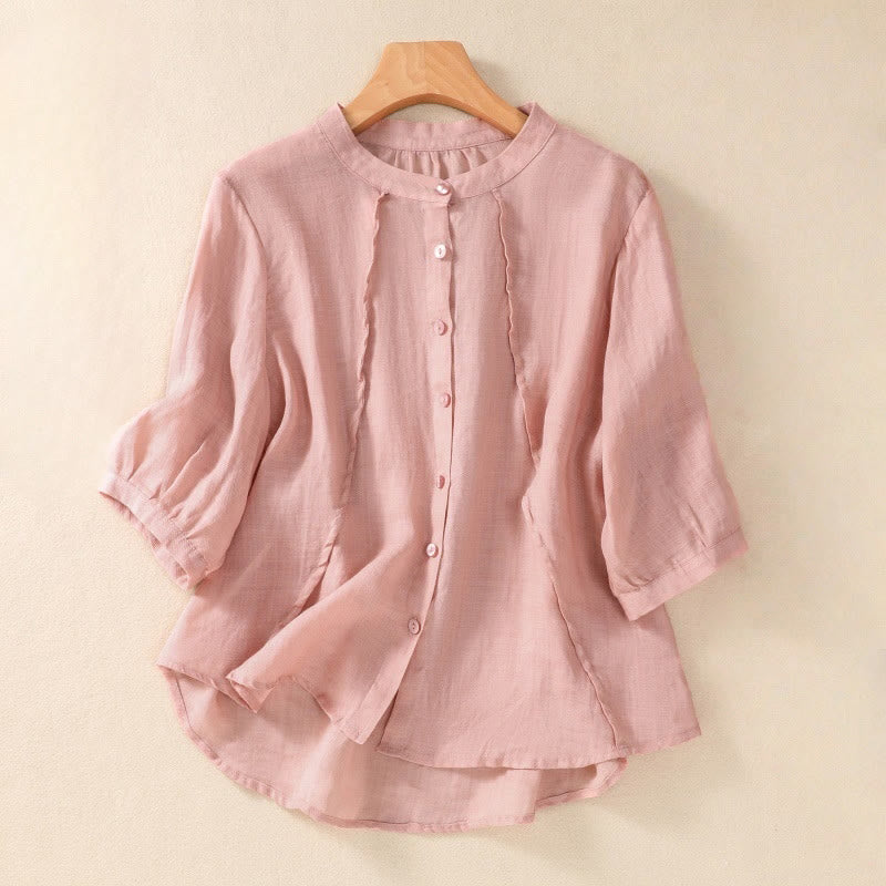 Nimara Ritual Casual Daily Plain Button Ruffled Design Stand Collar Women's Cotton Linen Three Quarter Sleeve Shirt