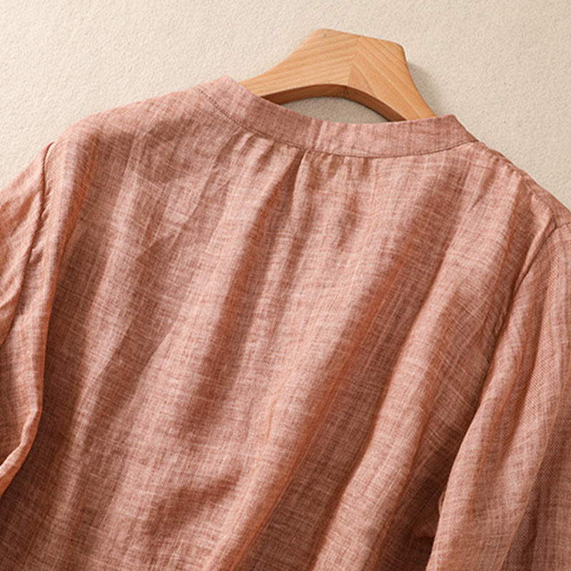 Nimara Ritual Casual Daily Plain Button Ruffled Design Stand Collar Women's Cotton Linen Three Quarter Sleeve Shirt
