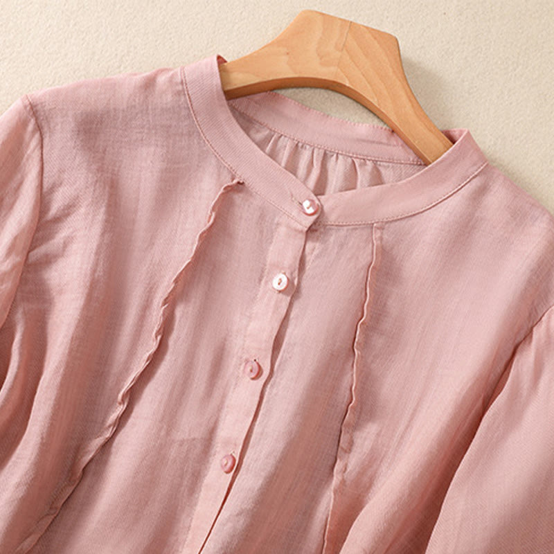 Nimara Ritual Casual Daily Plain Button Ruffled Design Stand Collar Women's Cotton Linen Three Quarter Sleeve Shirt