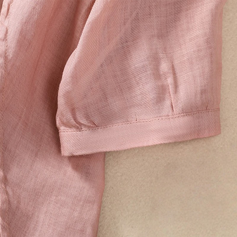Nimara Ritual Casual Daily Plain Button Ruffled Design Stand Collar Women's Cotton Linen Three Quarter Sleeve Shirt