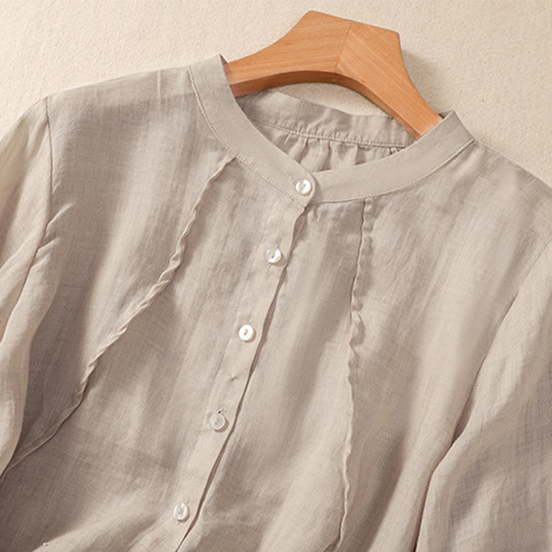 Nimara Ritual Casual Daily Plain Button Ruffled Design Stand Collar Women's Cotton Linen Three Quarter Sleeve Shirt