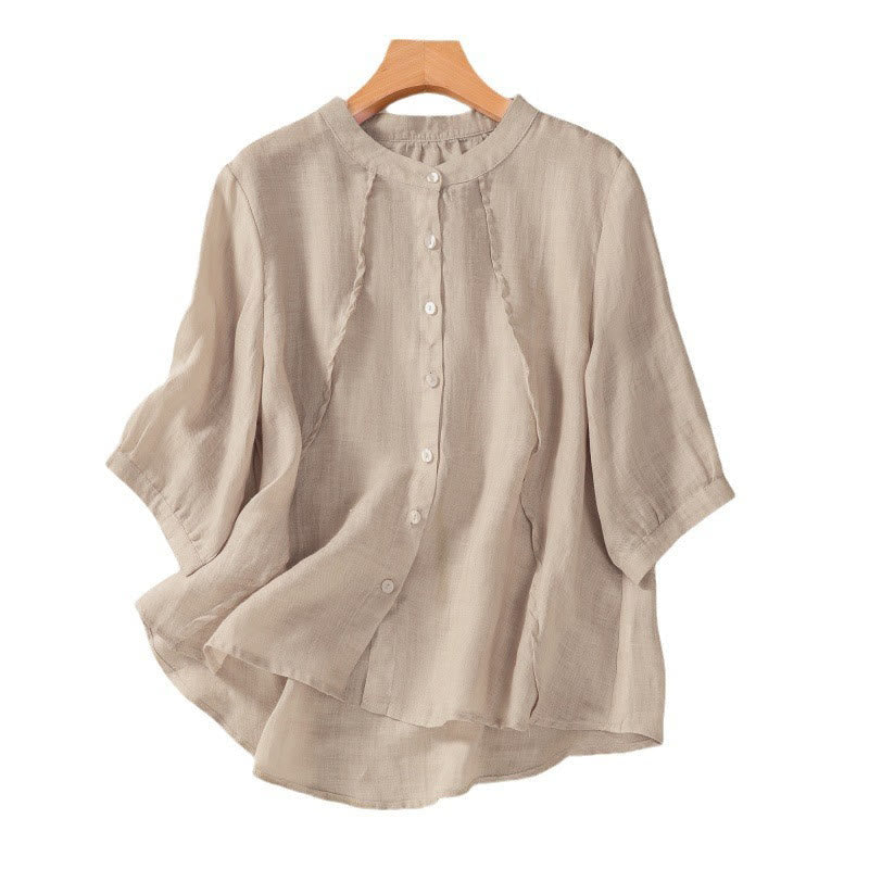 Nimara Ritual Casual Daily Plain Button Ruffled Design Stand Collar Women's Cotton Linen Three Quarter Sleeve Shirt