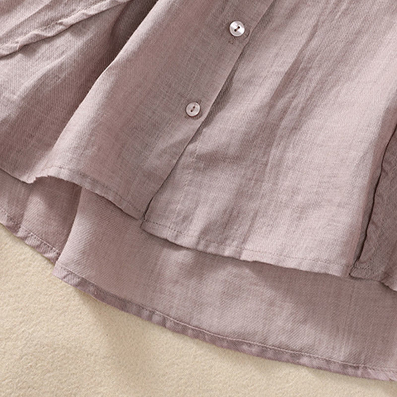 Nimara Ritual Casual Daily Plain Button Ruffled Design Stand Collar Women's Cotton Linen Three Quarter Sleeve Shirt