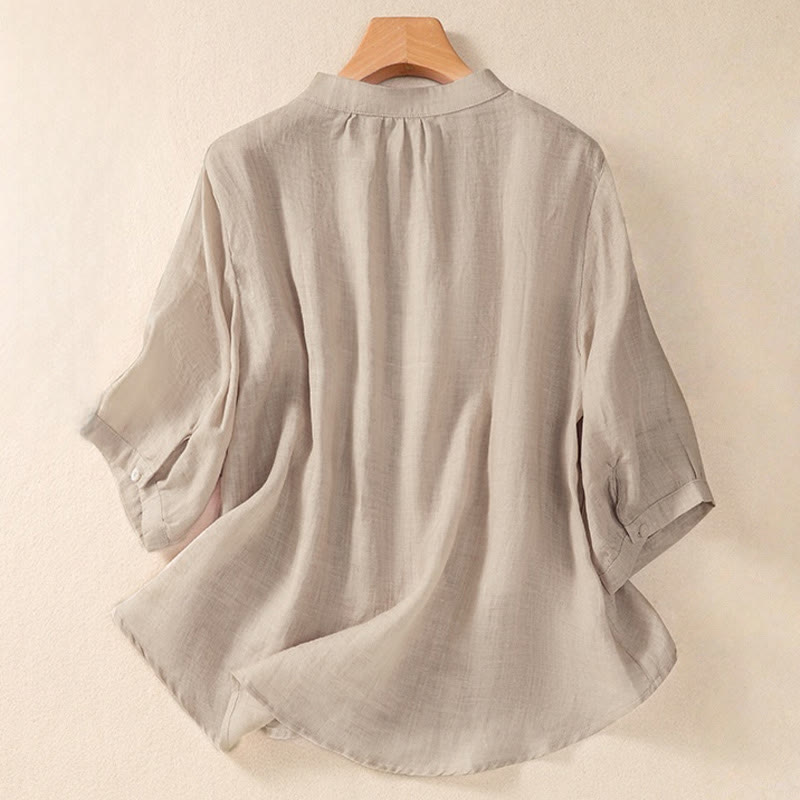 Nimara Ritual Casual Daily Plain Button Ruffled Design Stand Collar Women's Cotton Linen Three Quarter Sleeve Shirt