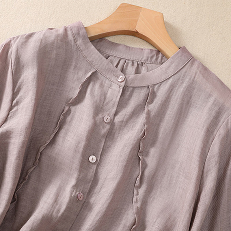 Nimara Ritual Casual Daily Plain Button Ruffled Design Stand Collar Women's Cotton Linen Three Quarter Sleeve Shirt