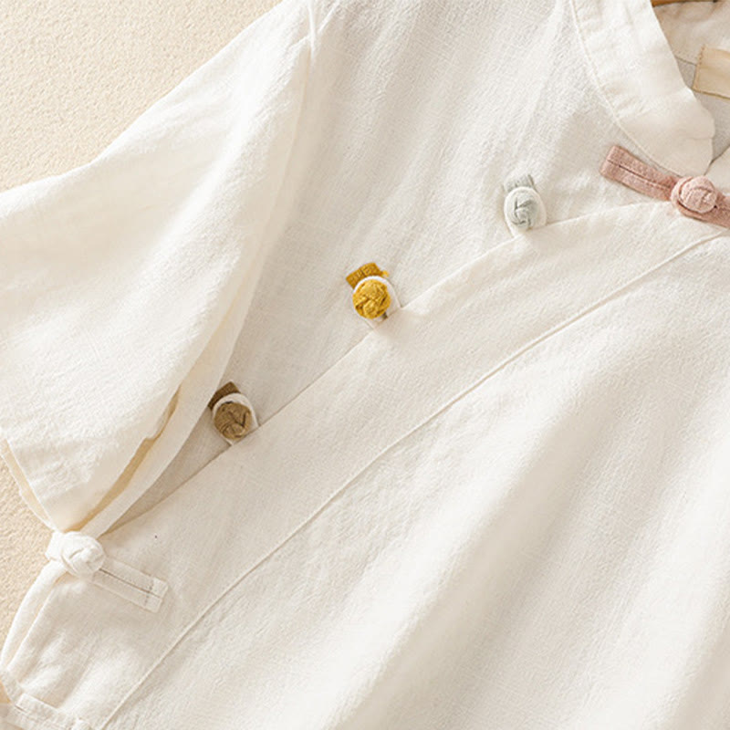 Nimara Ritual Casual Plain Slant Stand Collar Collar Colorful Frog-Button Tang Suit Women's Cotton Linen Three Quarter Sleeve Shirt