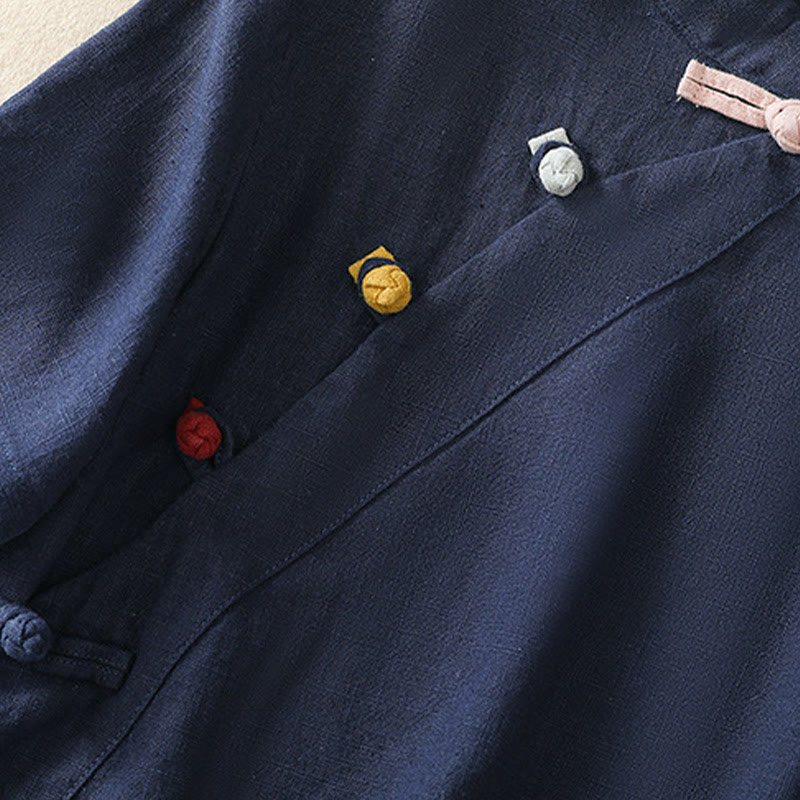 Nimara Ritual Casual Plain Slant Stand Collar Collar Colorful Frog-Button Tang Suit Women's Cotton Linen Three Quarter Sleeve Shirt