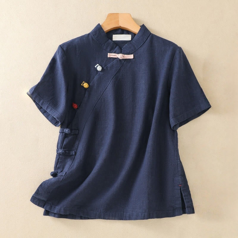 Nimara Ritual Casual Plain Slant Stand Collar Collar Colorful Frog-Button Tang Suit Women's Cotton Linen Three Quarter Sleeve Shirt