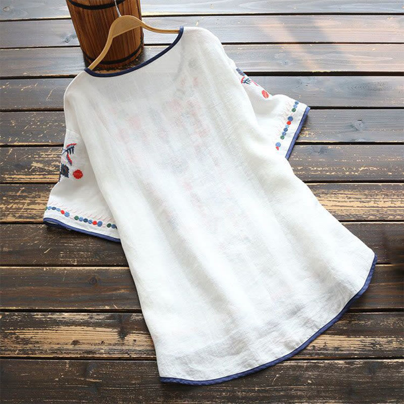 Nimara Ritual Retro Artistic Embroidery Floral Pattern Crew Neck Women's Cotton Linen Short Sleeve T-Shirt