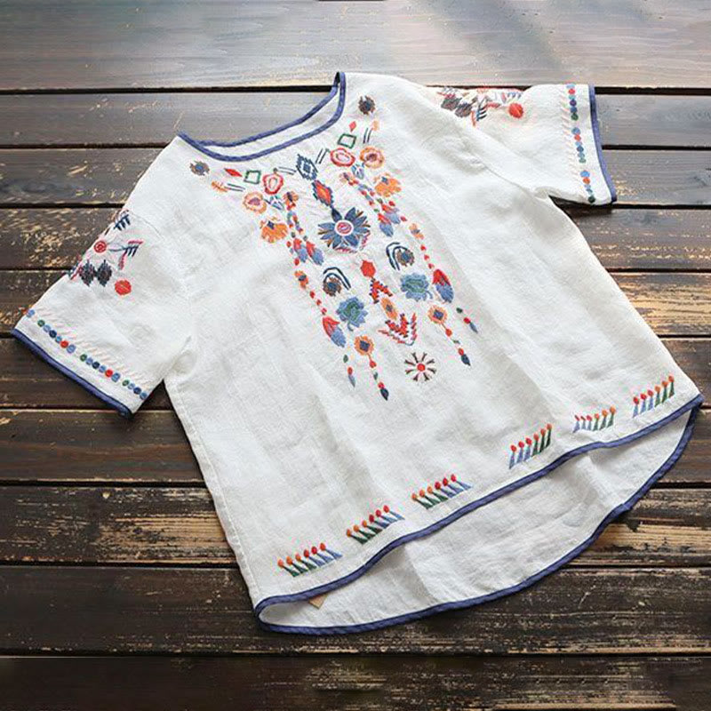 Nimara Ritual Retro Artistic Embroidery Floral Pattern Crew Neck Women's Cotton Linen Short Sleeve T-Shirt
