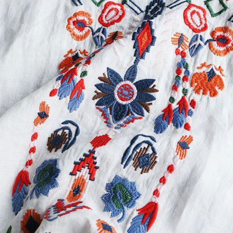 Nimara Ritual Retro Artistic Embroidery Floral Pattern Crew Neck Women's Cotton Linen Short Sleeve T-Shirt