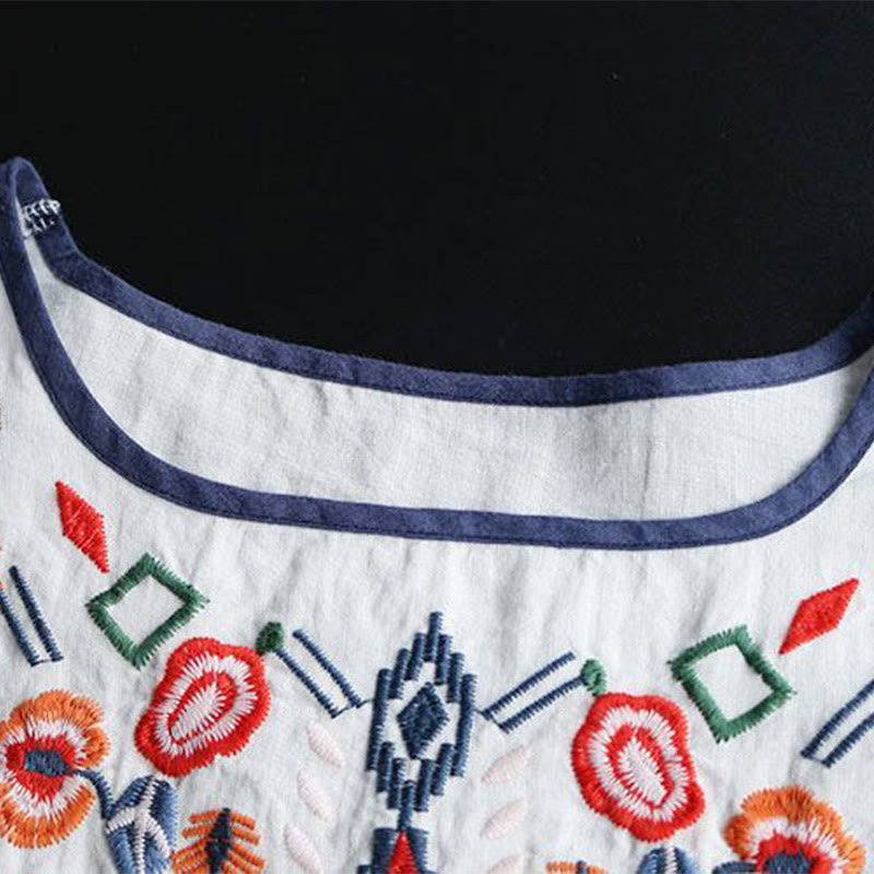 Nimara Ritual Retro Artistic Embroidery Floral Pattern Crew Neck Women's Cotton Linen Short Sleeve T-Shirt