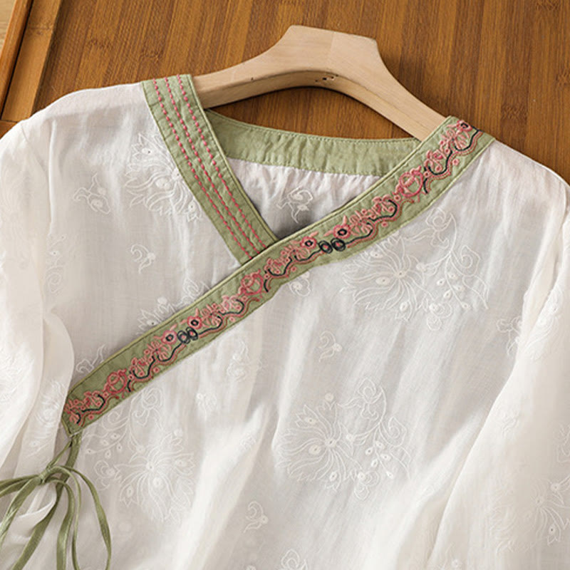 Nimara Ritual Summer Vintage Embroidery Plant Floral Lace-Up Design V-Neck Women's Cotton Linen Shirt
