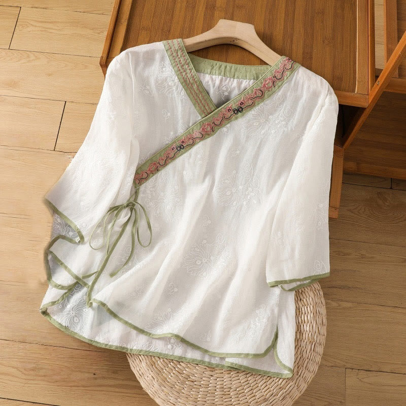 Nimara Ritual Summer Vintage Embroidery Plant Floral Lace-Up Design V-Neck Women's Cotton Linen Shirt
