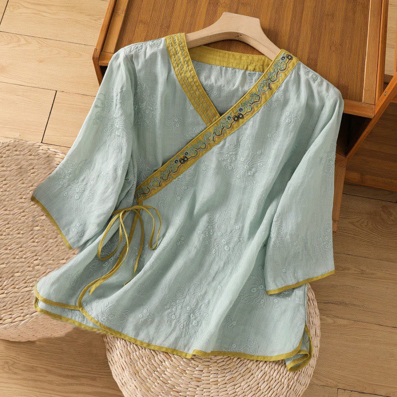 Nimara Ritual Summer Vintage Embroidery Plant Floral Lace-Up Design V-Neck Women's Cotton Linen Shirt