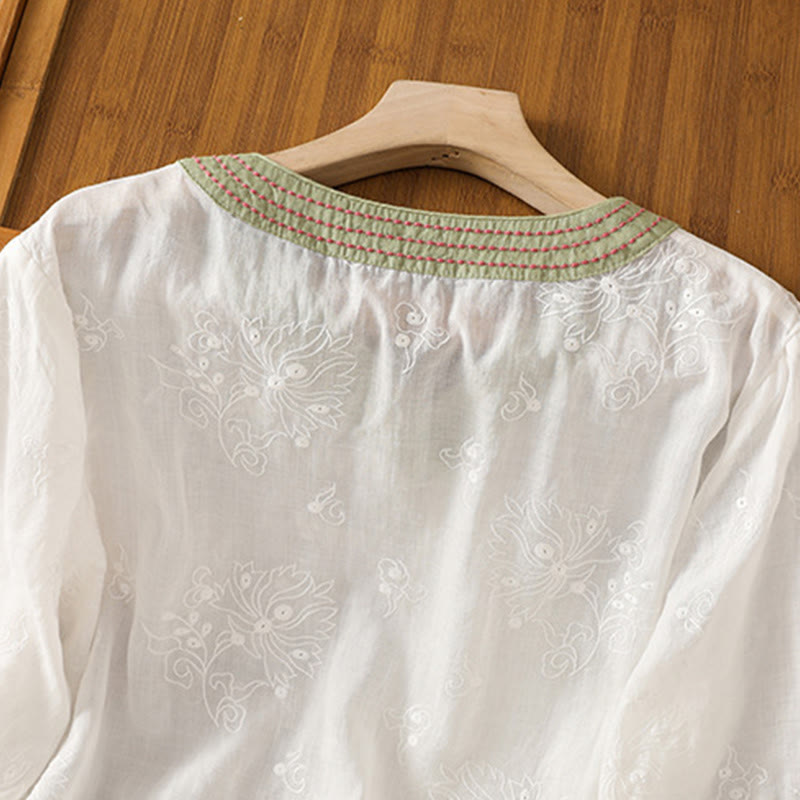 Nimara Ritual Summer Vintage Embroidery Plant Floral Lace-Up Design V-Neck Women's Cotton Linen Shirt