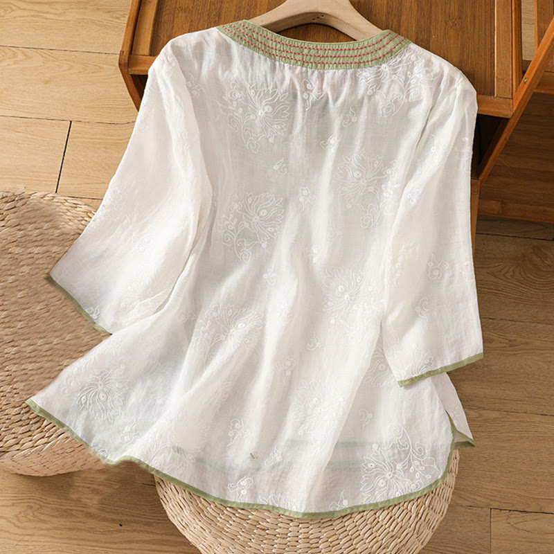 Nimara Ritual Summer Vintage Embroidery Plant Floral Lace-Up Design V-Neck Women's Cotton Linen Shirt