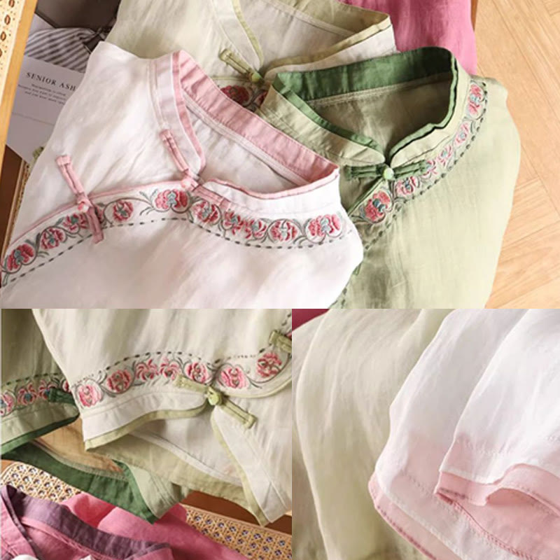 Nimara Ritual Vintage Zen Embroidery Plant Floral Pattern Chinese Frog-Button Design Three Quarter Sleeve Women's Cotton Linen Shirt