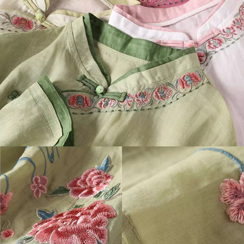 Nimara Ritual Vintage Zen Embroidery Plant Floral Pattern Chinese Frog-Button Design Three Quarter Sleeve Women's Cotton Linen Shirt