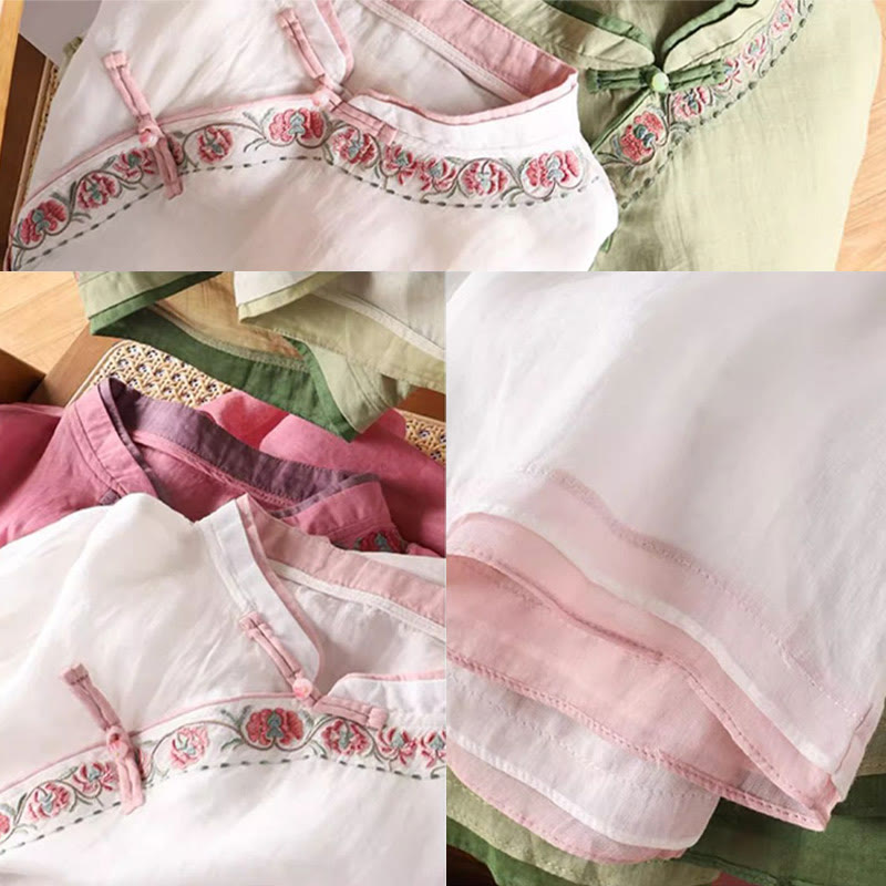 Nimara Ritual Vintage Zen Embroidery Plant Floral Pattern Chinese Frog-Button Design Three Quarter Sleeve Women's Cotton Linen Shirt