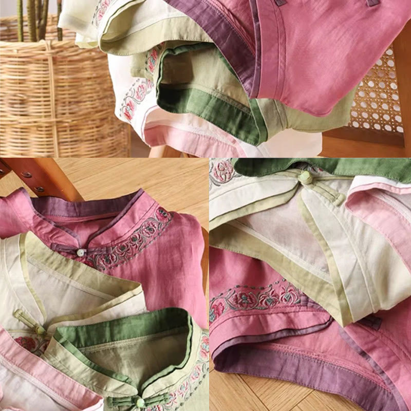 Nimara Ritual Vintage Zen Embroidery Plant Floral Pattern Chinese Frog-Button Design Three Quarter Sleeve Women's Cotton Linen Shirt