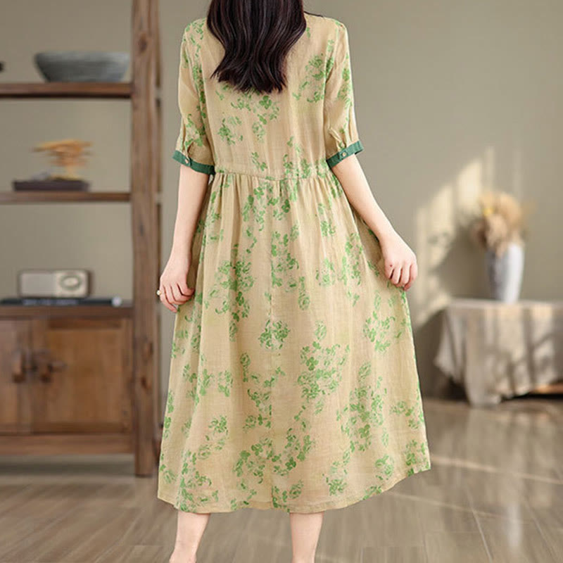 Nimara Ritual Retro Printing Floral Pattern Drawstring Design Half Sleeve Cotton Midi Dress With Pockets