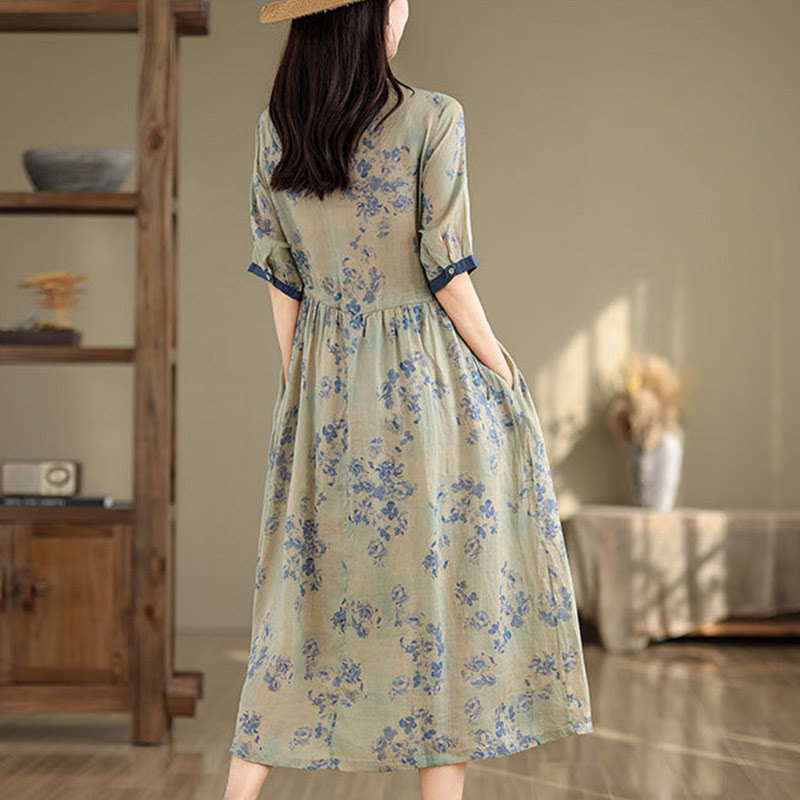 Nimara Ritual Retro Printing Floral Pattern Drawstring Design Half Sleeve Cotton Midi Dress With Pockets