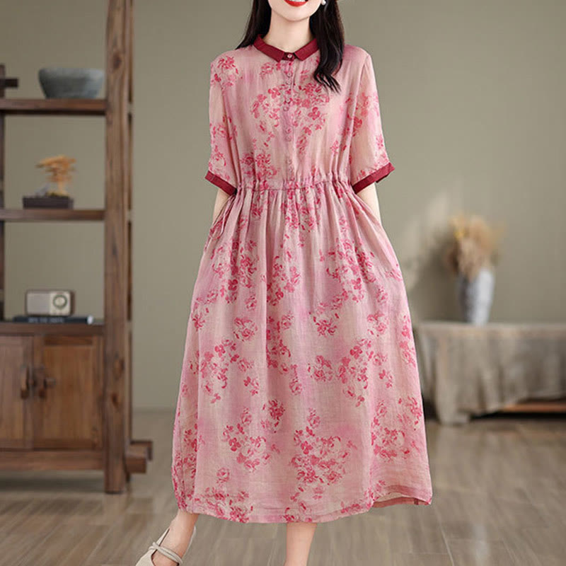 Nimara Ritual Retro Printing Floral Pattern Drawstring Design Half Sleeve Cotton Midi Dress With Pockets